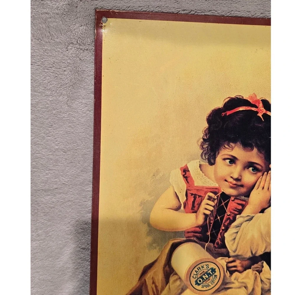 Vintage Clark's O.N.T. Spool Cotton Advertising Tin Sign Two Girls Whispering‎